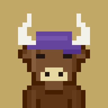 A pixel art illustration of a brown bull or cow character wearing a purple headband with white horns against a tan background.