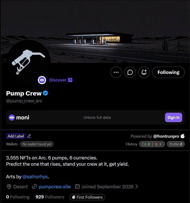A profile page for the cryptocurrency project 'Pump Crew' (@pump_crew_arc) with a header image of a futuristic desert gas station, describing it as '3,555 NFTs on Arc. 6 pumps, 6 currencies.'