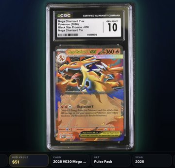A CGC-graded Charizard EX holographic Pokémon card (Shiny, #100/105) with a Gem Mint 10 rating is displayed alongside market data showing a $51 value, with text noting "2026 #030 Mega... Pulse Pack" — supporting the post's claim about pulling Pokémon cards via a new collectibles platform.