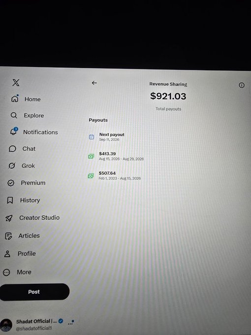 The image shows a screenshot of an X (formerly Twitter) "Revenue Sharing" page displaying a total of $921.03 in payouts, including a $413.39 payout from Aug 15, 2026 – Aug 29, 2026 and a $507.64 payout from Feb 1, 2023 – Aug 15, 2026, which aligns with the post celebrating a second payout of $413.