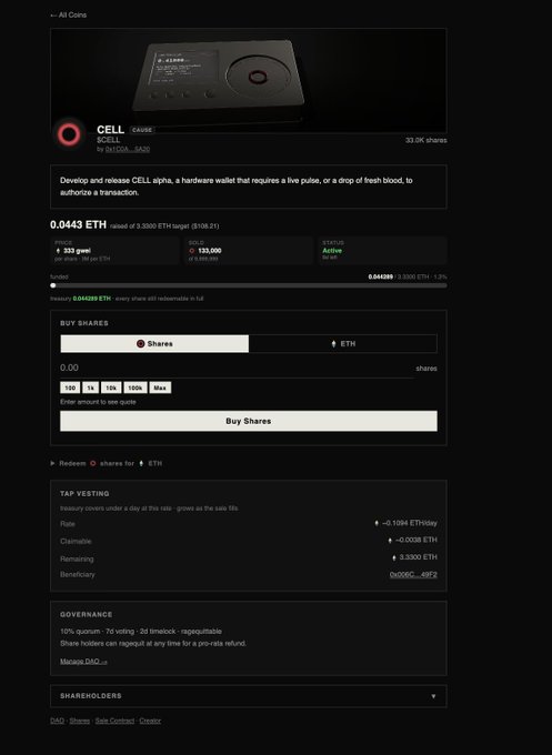 A webpage for the CELL project (ticker: zCELL) hosted on daico.sx, featuring a sleek black hardware wallet image and showing a fundraising status of 0.0443 ETH raised of 3.3300 ETH target from 333 contributors, with purchase and vesting sections visible.

The image aligns with the post's message by showcasing CELL as a hardware wallet "alpha" in development, with the daico.sx platform facilitating the onchain DAICO fundraising where shareholders can participate before the public launch.