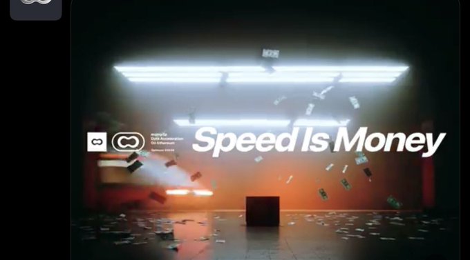 The image features an advertisement for a movie called "Speed Is Money" with a focus on speed as the main theme. The title of the movie is displayed at the top, along with the phrase "speed is money." Below this, there are two logos representing different companies related to blockchain technology. One logo represents a company named "@get_optimum," and the other logo represents a company named "@speedismoney." These logos suggest that the movie might be about the importance of speed in various aspects of life or business.