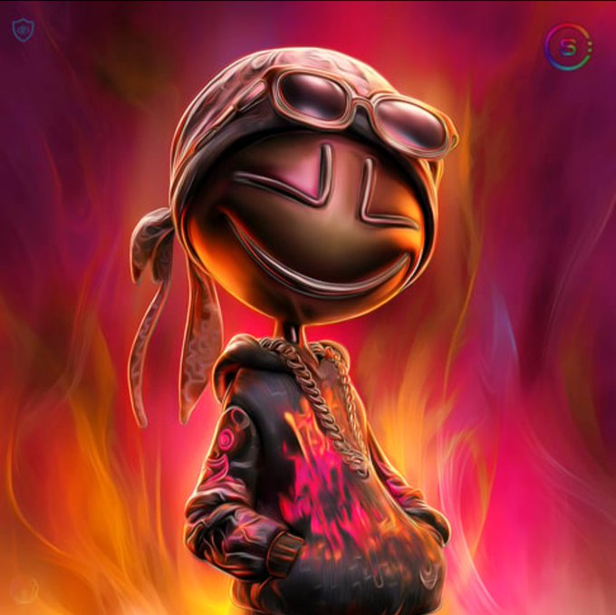 The image features a cartoon character with sunglasses, a bandana, and a hoodie, standing against a vibrant pink background that appears to be burning or flickering like flames. The character has a big smile on their face, giving off an impression of happiness and positivity. The post seems to be promoting the artist's work by tagging them in the image, which is likely to attract more viewers who appreciate the art style and message behind it.