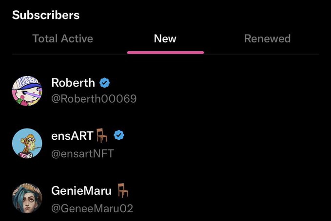 A screenshot of a Twitter/X "Subscribers" panel showing the "New" tab, highlighting recent subscribers with the chair emoji 🪑 on two of them — **@Roberth00069** (with a verified blue check), **@ensartNFT** (with a blue check and chair emoji), and **@GeneeMaru02** — accompanying a shoutout post thanking these new subs for joining that morning.