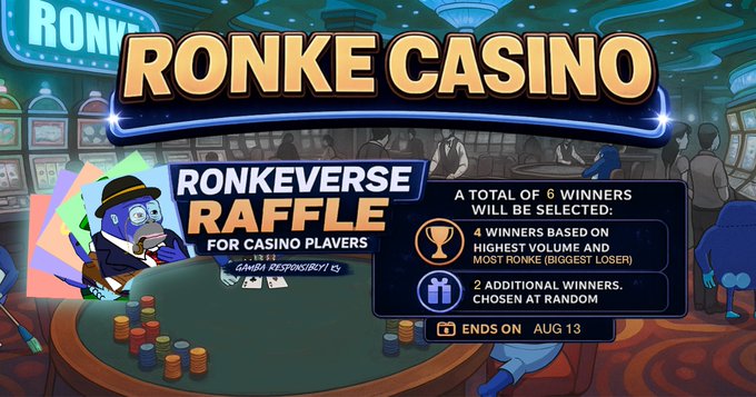 Promotional banner for Ronke Casino's Ronkeverse Raffle, featuring a casino interior with slot machines and a cartoon monkey mascot at a poker table stacked with chips. The text announces the raffle for casino players with 6 winners total—4 leaderboard winners (highest volume and biggest loser) and 2 random winners—ending August 13, alongside a "Gamba responsibly" message.