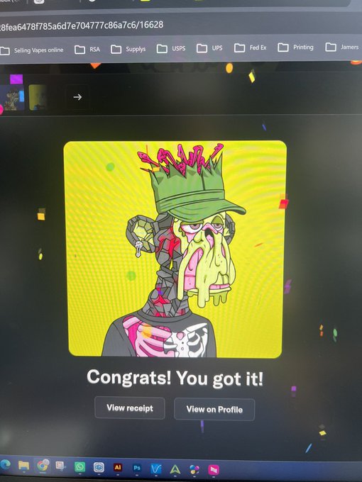 Screen showing 'Congrats! You got it!' with a green-hatted cartoon character NFT, with options to 'View receipt' or 'View on Profile'.