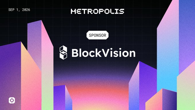 A digital banner dated 'SEP 1, 2026' for 'METROPOLIS' featuring a sponsor logo for 'BlockVision' against a stylized gradient cityscape background.