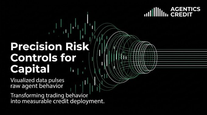 A dark promotional graphic for 'Agentics Credit' titled 'Precision Risk Controls for Capital' with the subtext 'Visualized data pulses raw agent behavior' and 'Transforming trading behavior into measurable credit deployment,' featuring a green data visualization resembling a tunnel.
