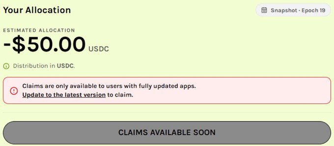 A Grass Season 2 Airdrop allocation screen showing an estimated allocation of -$50.00 USDC, indicating the user does not meet the requirements to claim, with a message noting claims are only available to users with fully updated apps and the claim date set for July 22.

The "-$50.00 USDC" is a humorous play on the original post's concern that distributing rewards in USDC rather than $GRASS undermines the token's long-term value capture—visually representing a "negative" return for token holders.