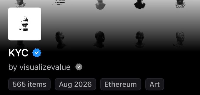 A digital storefront page for an NFT collection titled 'KYC' by visualizevalue on Ethereum, featuring pixelated face art, listed at 565 items in August 2026.
