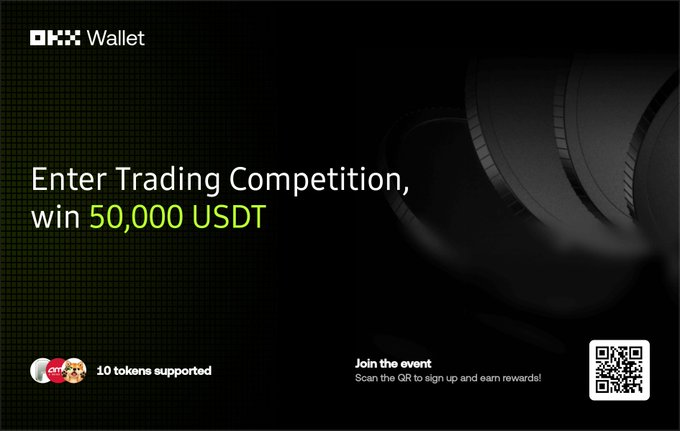 A dark promotional banner for 'OKX Wallet' advertising a trading competition to 'Enter Trading Competition, win 50,000 USDT', supporting 10 tokens including BTC and ETH, with a QR code to sign up.