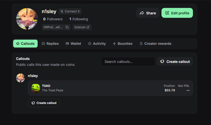 The image shows a crypto profile page for user "n1sley" with 0 followers and 1 following, displaying a public callout made on $TOAD (The Toad Pepe) with a position value of $55.79. This relates to the post about receiving a $TOAD airdrop, as the profile confirms n1sley has publicly called out the TOAD token.