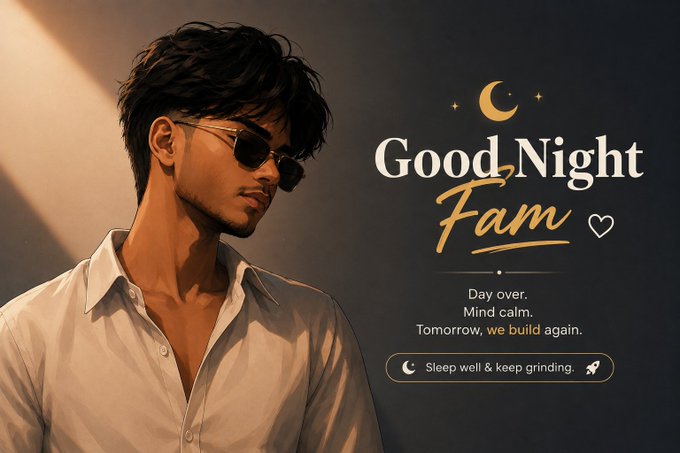A stylized graphic of a man in sunglasses and a white shirt next to text reading 'Good Night Fam', 'Day over. Mind calm. Tomorrow, we build again.', and 'Sleep well & keep grinding.'