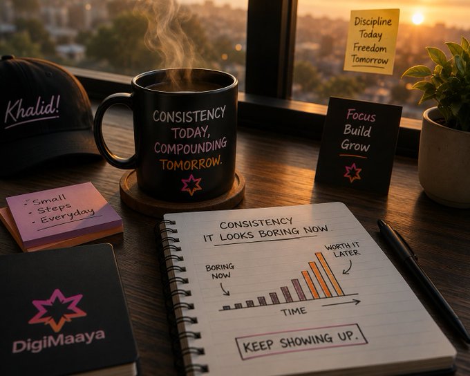 A motivational desk setup featuring a mug with 'CONSISTENCY TODAY, COMPOUNDING TOMORROW,' a notebook with a bar chart showing 'Boring Now' to 'Worth It Later,' and sticky notes reading 'Discipline Today, Freedom Tomorrow' and 'Focus Build Grow.'