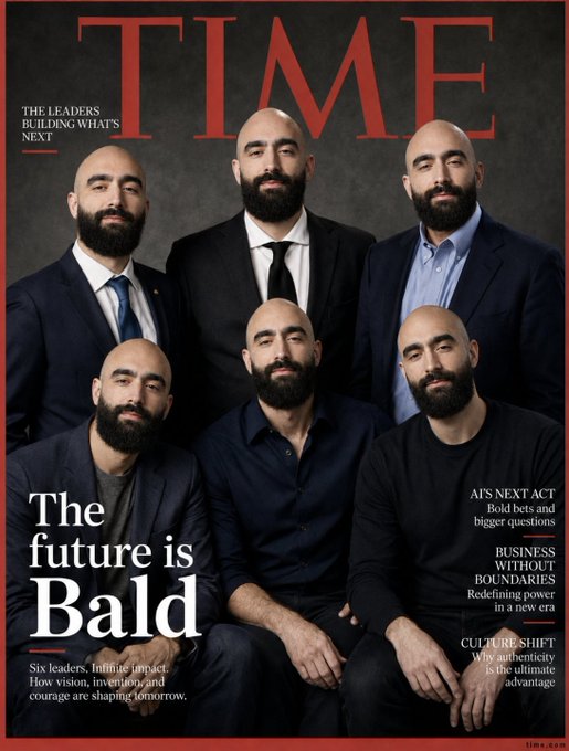A TIME magazine cover titled "The Future is Bald" featuring six bearded, bald men in business attire, with headlines including "AI's Next Act" and "Business Without Boundaries." The image humorously ties into the "Live. Laugh. Zodl." tagline by embracing the bald look as both a statement of confidence and a comedic nod to the all-bald cover lineup.
