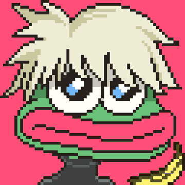 A pixel art illustration of a chibi-style character with messy blonde hair, large blue eyes, and a wide grin wearing a green and pink striped scarf against a bright pink background.