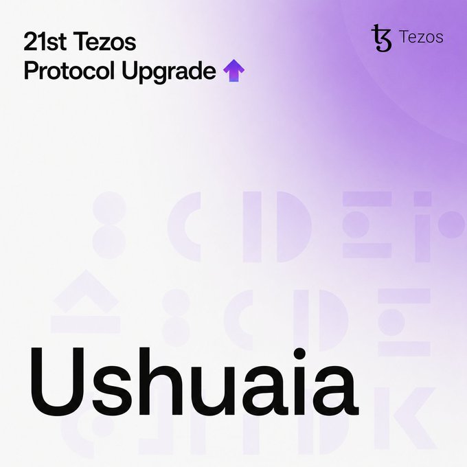 A graphic announcing the '21st Tezos Protocol Upgrade' featuring the word 'Ushuaia' in large text, with the Tezos logo in the top right corner and a purple gradient background.