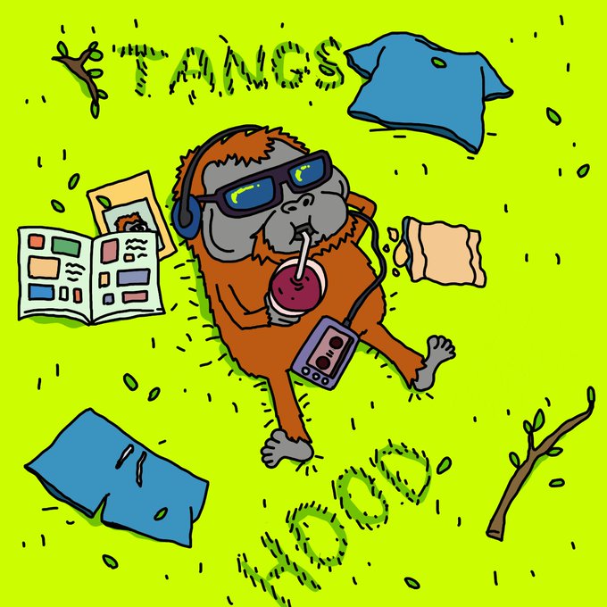 A cartoon image with green background shows an orange monkey wearing sunglasses and headphones, holding a red drink and wearing a small MP3 player, surrounded by discarded items like a pillow, snack bag, magazine, and shorts, with scattered leaves and twigs. The text "TANGS" appears at the top and bottom in green leafy letters, promoting the HoodTangs NFT collection on Robinhood's Web3 network.
