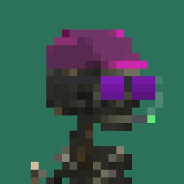 A low-resolution pixel art character with dark hair, a magenta/pink headpiece, and sunglasses, set against a solid green background.