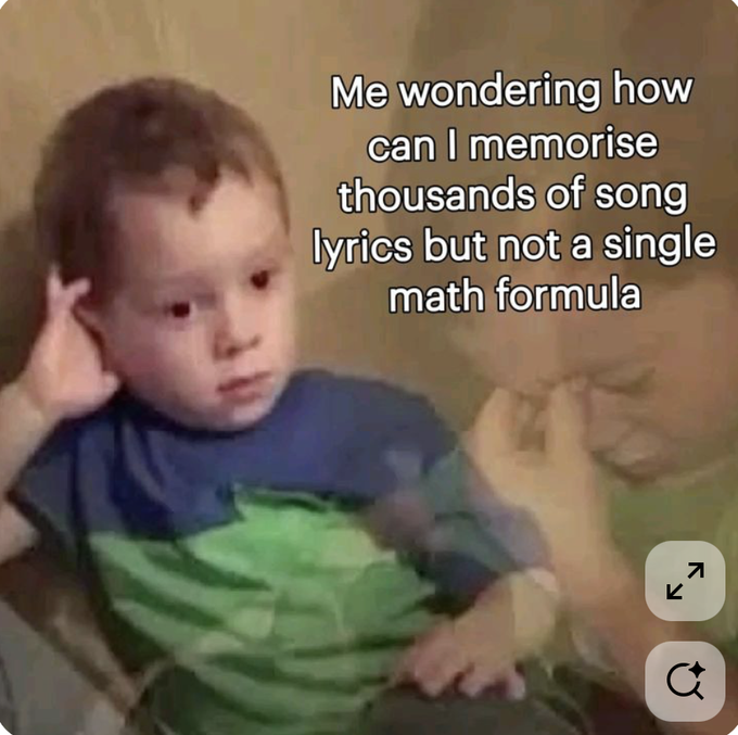 A meme showing a confused toddler with the text: 'Me wondering how can I memorise thousands of song lyrics but not a single math formula'.