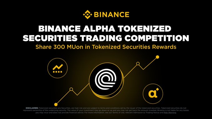 The image features a banner for Binance Alpha tokenized securities trading competition. The text on the banner highlights that tokenized stocks are now mainstream and spans various cryptocurrency exchanges such as NVDA, GOOGL, MUon, TSLA, CRCL, and many more. This indicates that the competition is open to anyone with an interest in investing in tokenized stocks or those who want to invest in tokenized securities.