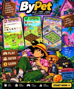 An advertisement for 'ByPet' featuring anime-style characters, with text reading 'PLAY • CARE • EARN' and 'PETX PEOPLE REWARDS RECOGNISED TOMORROW', alongside game screenshots showing 'Pet Farm', 'Pet Care', and 'PetplayClub'.