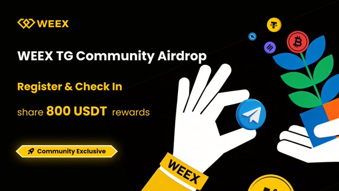 A promotional banner for the "WEEY TG Community Airdrop" featuring an illustration of a hand holding a Telegram paper plane icon and another hand offering a plant with cryptocurrency coins (including Bitcoin and others), advertising a share of 800 USDT rewards for participants who register and check in through the Community Exclusive link.