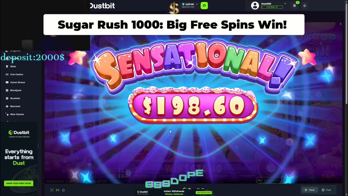 The image shows an advertisement for the sugar rush slot machine game. It features a colorful background with various symbols related to the game's theme. A banner at the top of the photo contains text promoting the game, including "Sugar Rush 100; Big Free Spins Win!", which indicates that winning this game is worth $1,98.60. Other descriptions on the image focus on the gaming experience and details about the game rules or prizes available.