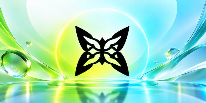 A symmetrical black butterfly logo set against a vibrant green and blue gradient background with translucent water-like bubbles.
