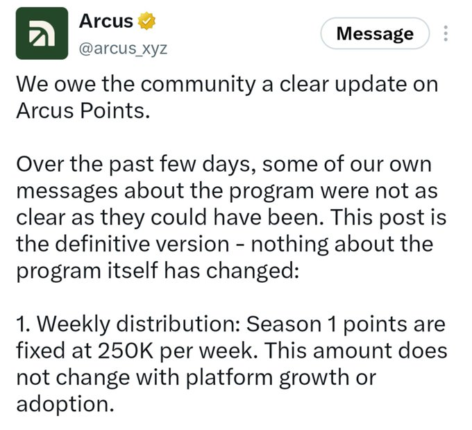 A tweet from the verified Arcus account (@arcus_xyz) providing an official update on their Arcus Points program, clarifying that Season 1 points are fixed at 250K per week.