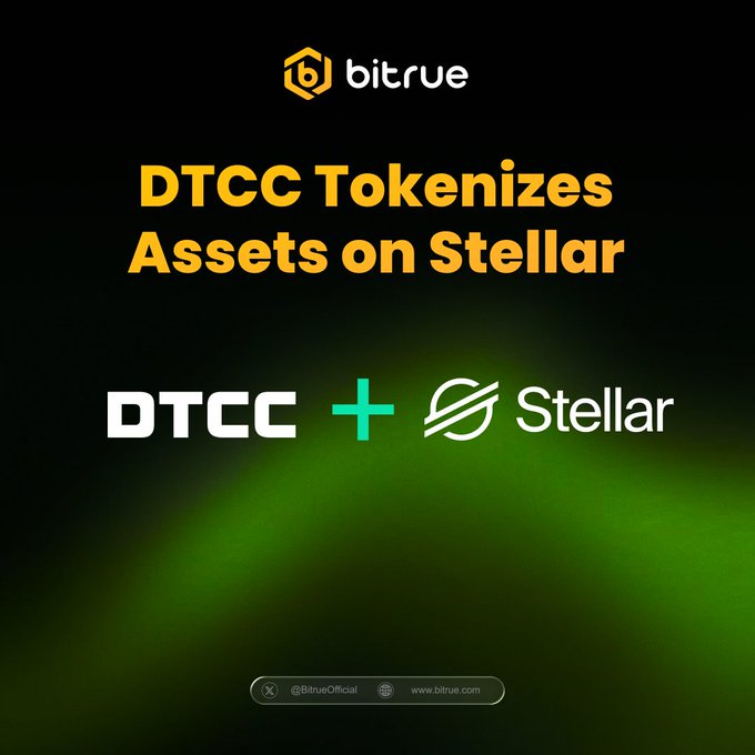 The image shows a green background with white text that reads "DTCC tokenizes assets on Stellar" followed by a list of assets, including "DTCC", "XLM", and "Stellar". The text also mentions that these assets are being tokenized onto the Stellar network, which is another major step forward in real-world asset adoption. The image includes a caption about how the assets have spiked in value recently, indicating their potential for growth.