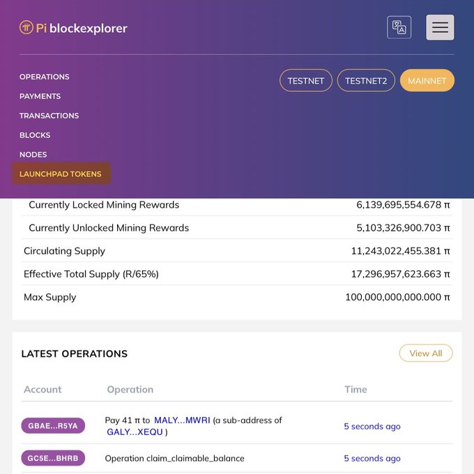 A screenshot of the Pi blockexplorer dashboard showing supply metrics including a Max Supply of 100,000,000,000,000 π and a Circulating Supply of 11,243,022,455.381 π.