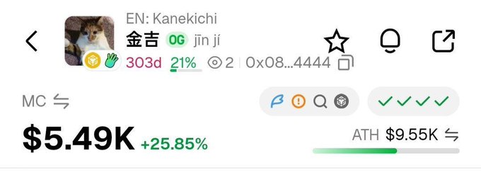 A cryptocurrency trading interface showing the token 'Kanekichi' (金吉) with 'jīn jí', a price of '$5.49K' up '+25.85%', and an ATH of '$9.55K'.