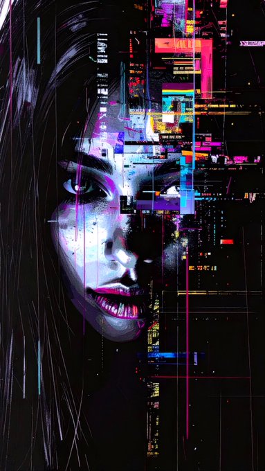 The image features an abstract painting that depicts a woman's face with long hair, wearing makeup. The painting has a black background with various lines and shapes, creating a sense of depth and complexity. The artist's signature can be seen at the bottom right corner of the artwork. The caption below the painting reads "Good morning and gm to the gmers. I just wanted to share this lovely piece, @ Thom4227 on @objktcom Wishing you all a wonderful day. Lots of love and stay hydrated."