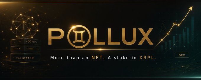 Promotional banner for 'POLLUX' advertising 'More than an NFT. A stake in XRPL,' featuring Gemini (II) logo, a validator stack, and a rising chart labeled 'DEX.'