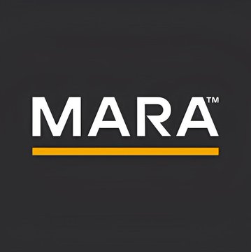 The MARA logo in white text with a yellow underline on a black background, representing Marathon Digital Holdings, a Bitcoin mining company.