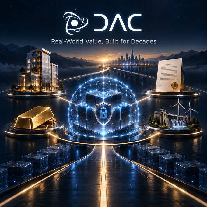 A promotional graphic for 'DAC' with the tagline 'Real-World Value, Built for Decades', featuring a glowing central cube with a lock symbol, flanked by gold bars, a building, a certificate, and a hydroelectric dam in a futuristic cityscape.