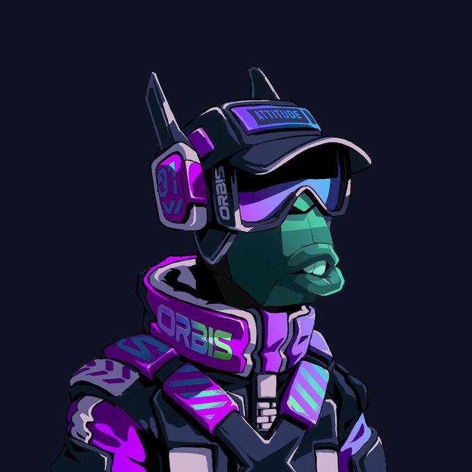 A digital illustration of a futuristic character wearing a cap labeled "ATTITUDE" and a purple and black outfit with "ORBIS" branding on the headset and collar, with a green, angular face and goggles.