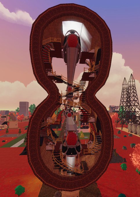A surreal digital artwork depicting an hourglass-shaped wooden structure containing two rocket-like objects, set against a red landscape with oil derricks and a purple sky.