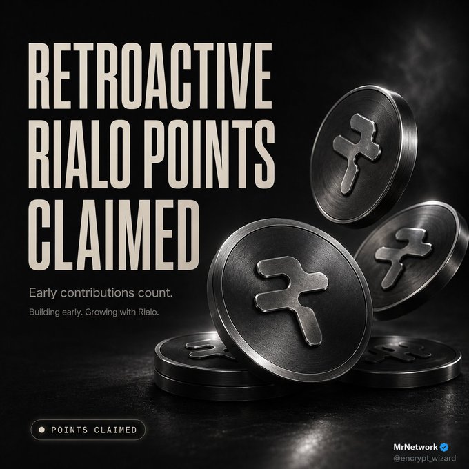 A dark promotional graphic displaying "RETROACTIVE RIALO POINTS CLAIMED" in large text, accompanied by the tagline "Early contributions count. Building early. Growing with Rialo," and a "POINTS CLAIMED" badge—visually reinforcing the post's announcement about claiming retroactive Rialo points as a reward for early community contributions, with "MrNewwork @encrypt_wizard" credited in the corner.