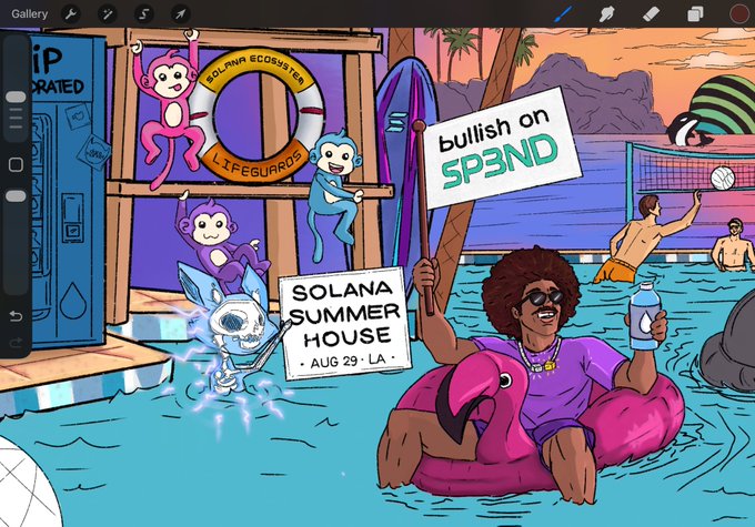 A colorful cartoon-style digital drawing (seemingly in a design app) depicting a vibrant pool party scene with a person on a pink flamingo float holding a 'bullish on SP3ND' sign, alongside 'SOLANA SUMMER HOUSE • AUG 29 • LA' signage and whimsical monkey and robot characters.