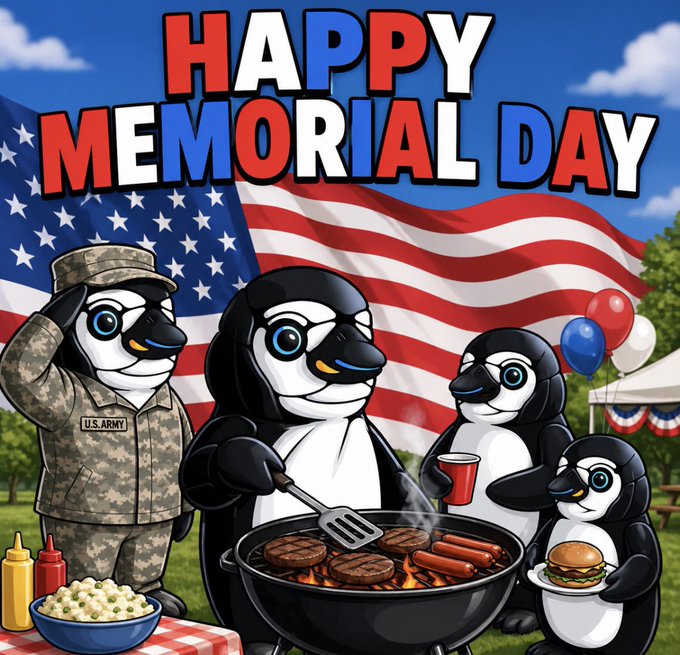 iced coffee, hamburger, hot dog, and cake are served on a picnic table with penguins standing guard behind it.