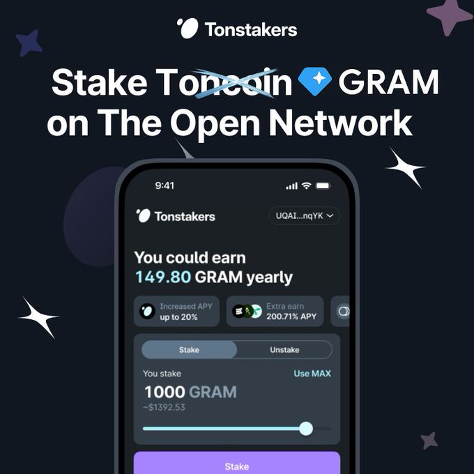 The image is of an iPhone that displays a screen shot of a phone call or text conversation between the viewer and a TonsTakers representative discussing the coin "Stake GRAM on The Open Network" (GRAM) as a means of payment for goods or services on the platform they are promoting.