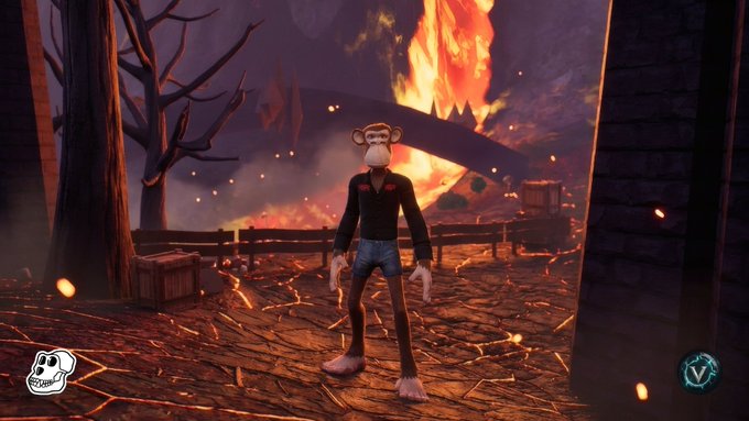 The post features a Bored Ape Yacht Club (BAYC) NFT character standing amidst a dramatic, fiery landscape. A watermark in the bottom left reads "Robbie," likely crediting the creator who is showcasing their love for the BAYC collection by integrating apes into custom scenes.