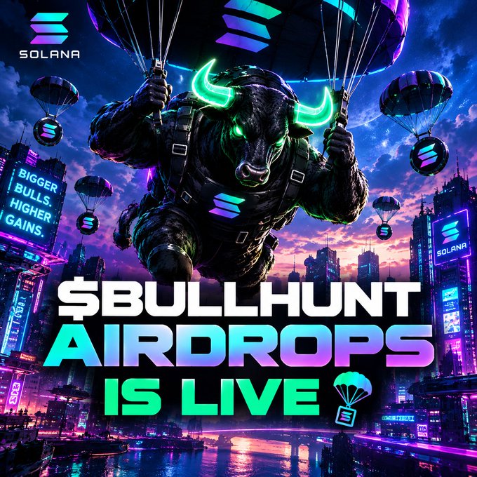 A promotional graphic for '$BULLHUNT AIRDROPS IS LIVE' on the Solana blockchain, featuring a cyberpunk-style muscular bull with glowing green horns parachuting over a neon city skyline.