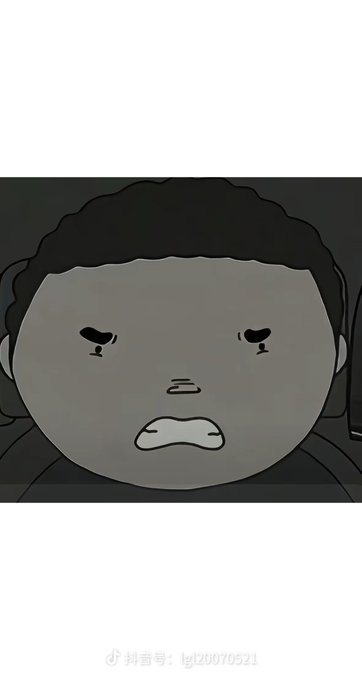 A simple cartoon drawing of a sad-looking character with a round face, dark curly hair, and a frowning mouth, with a Douyin watermark visible.
