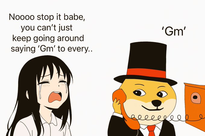 A meme featuring an anime-style crying girl saying 'Noooo stop it babe, you can't just keep going around saying 'Gm' to every..' while a doge character in a top hat and suit responds with 'Gm' on a phone call.