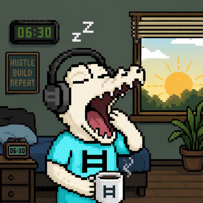 A pixel art illustration shows a yawning crocodile wearing headphones and a teal "H" hoodie, holding a steaming mug, with "Z" sleep symbols above its head, a sunrise through the window, and "06:30" displayed on both a digital clock and alarm clock alongside a "HUSTLE BUILD REPEAT" sign—capturing the groggy morning routine of a $HBAR crypto enthusiast preparing for the day's grind.