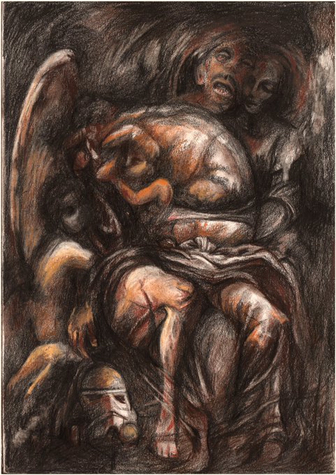 A dark, expressionist charcoal and pastel drawing depicts contorted human figures embracing in an emotionally intense, ambiguous scene.