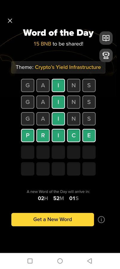 A mobile screenshot of a "Word of the Day" game showing "15 BNB to be shared!" with a theme of "Crypto's Yield Infrastructure." The game board has already revealed the words "GAINS" three times and "PRICE" once, with a countdown timer and a yellow "Get a New Word" button at the bottom.